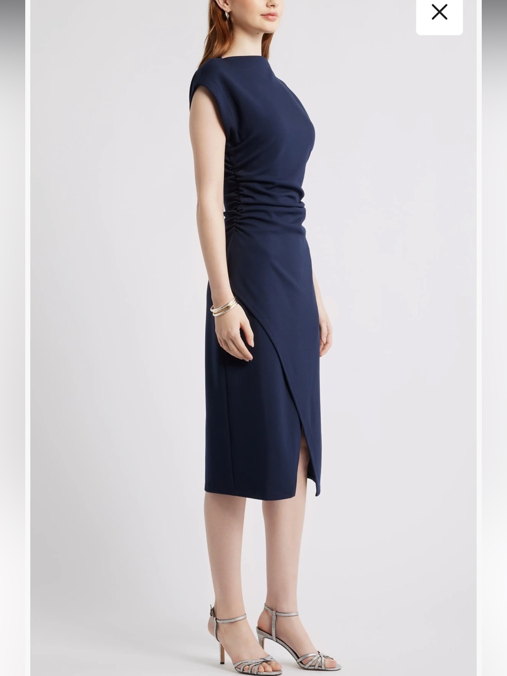 NWT Nordstrom Sz Med Navy Blue Ruched Funnel Neck Midi Work Casual Dress Ret $89 - Picture 3 of 15